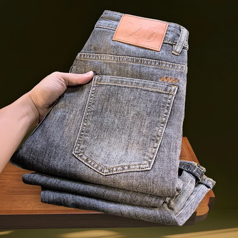 Scratched jeans men's summer trendy street fashion high-end retro washed elastic denim men's pants