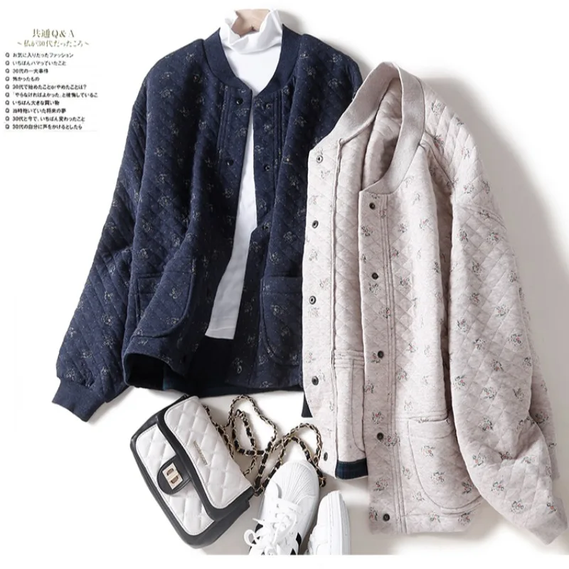 

Autumn Winter Thiened Long Sve Cotton Jaet Women's ort Sle Print Loose Fit Baseball Sle Cardigan Coat for Ladies Quilted Jacket