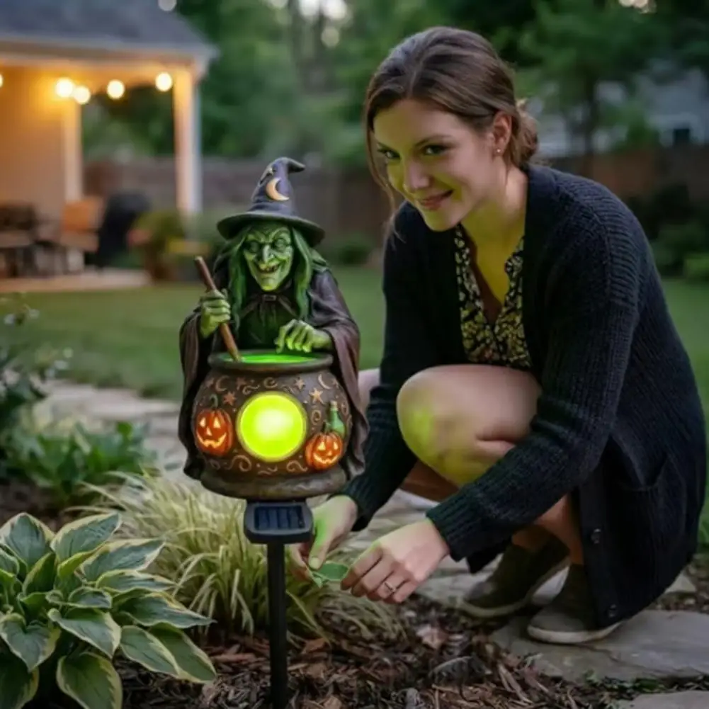 Outdoor Yard Displays Solar Witch Cauldron Garden Stake Light Waterproof Resin Glowing Figurine Statue Halloween Outdoor Pathway