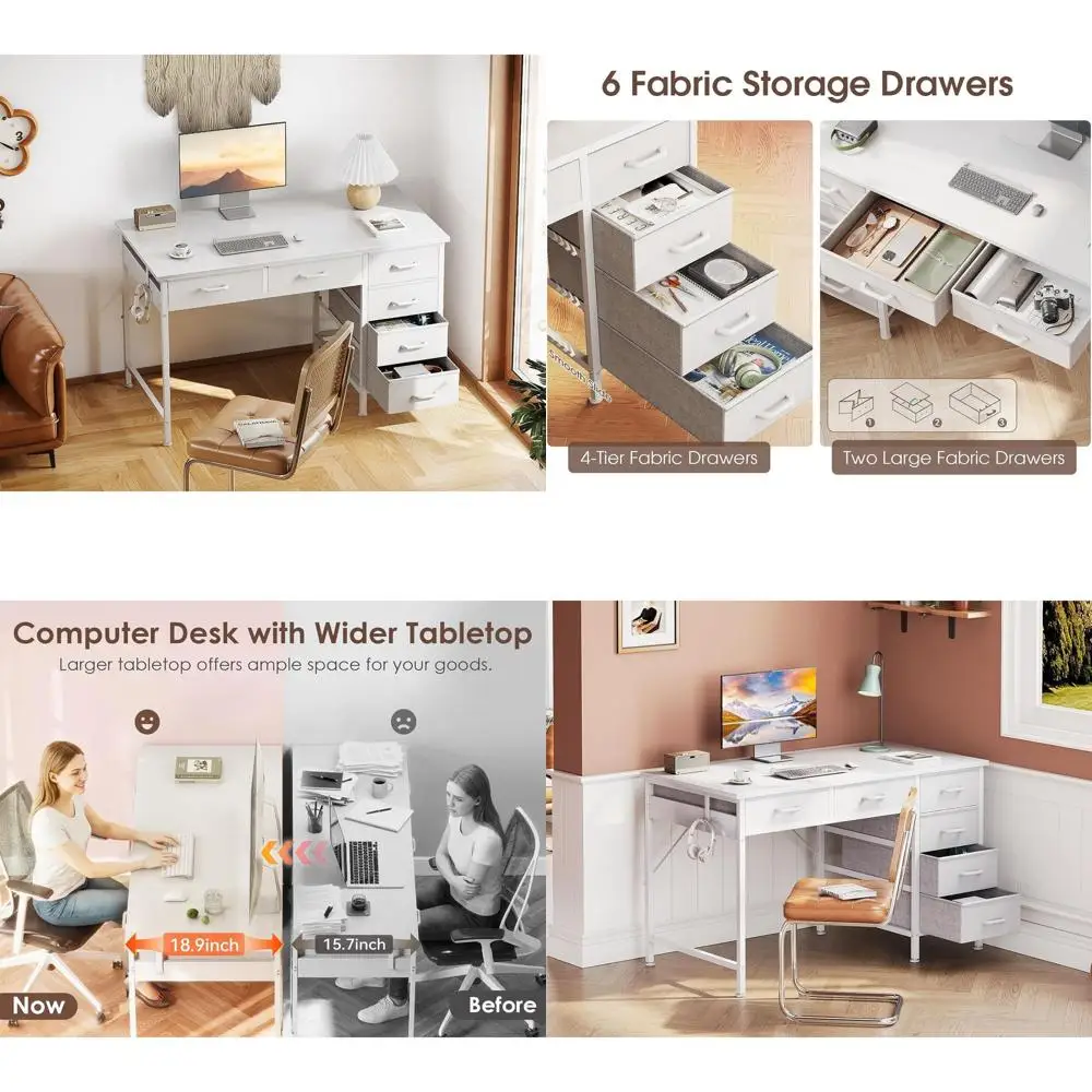

40 Compact Desk with 6 Drawers, Reversible Storage, White Home Office Desk for Study or Bedroom