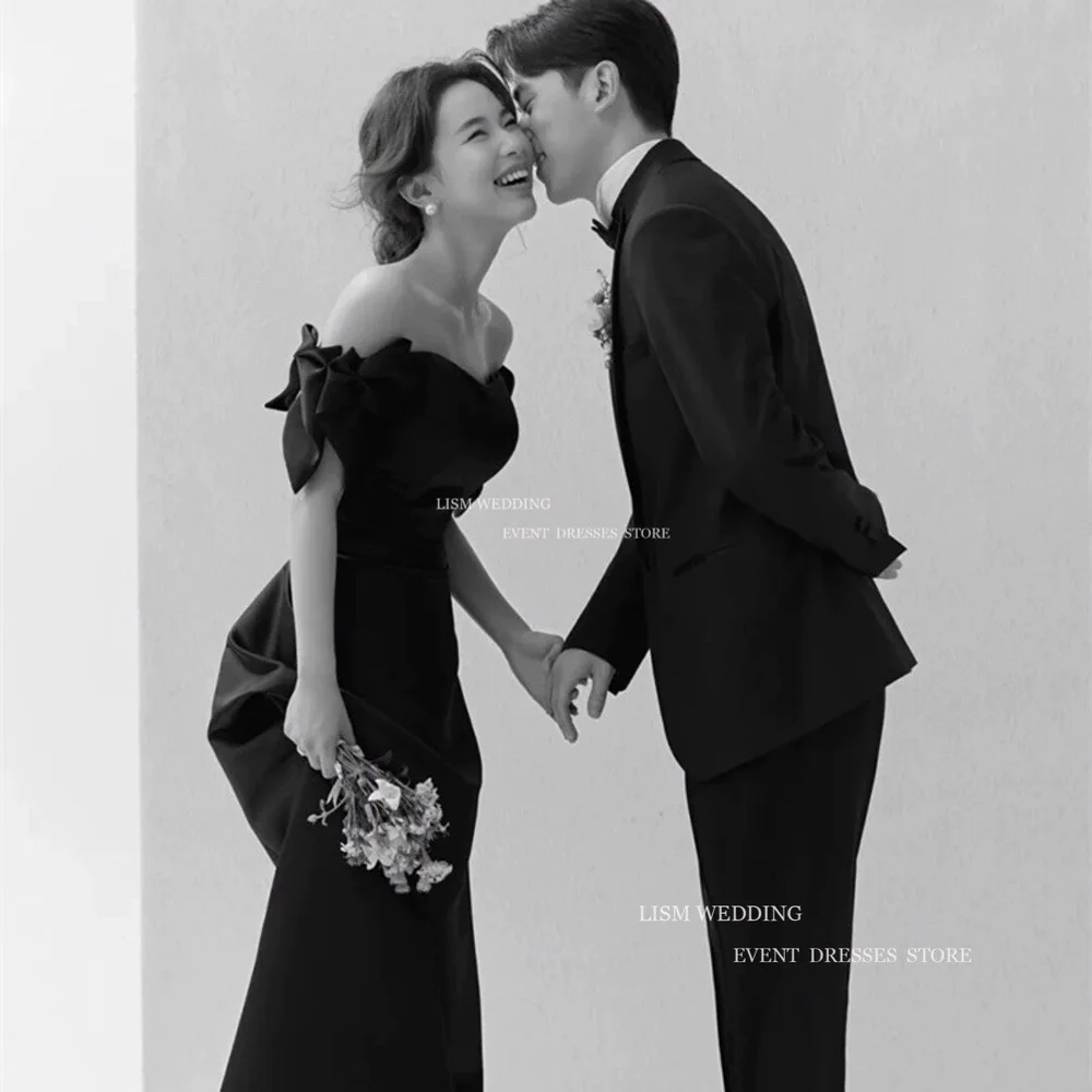 LISM Simple Black Wedding Dress Korea Photo Shoot Off Shoulder A Line Bridal Gown Soft Satin Floor Length Robe De Mariage