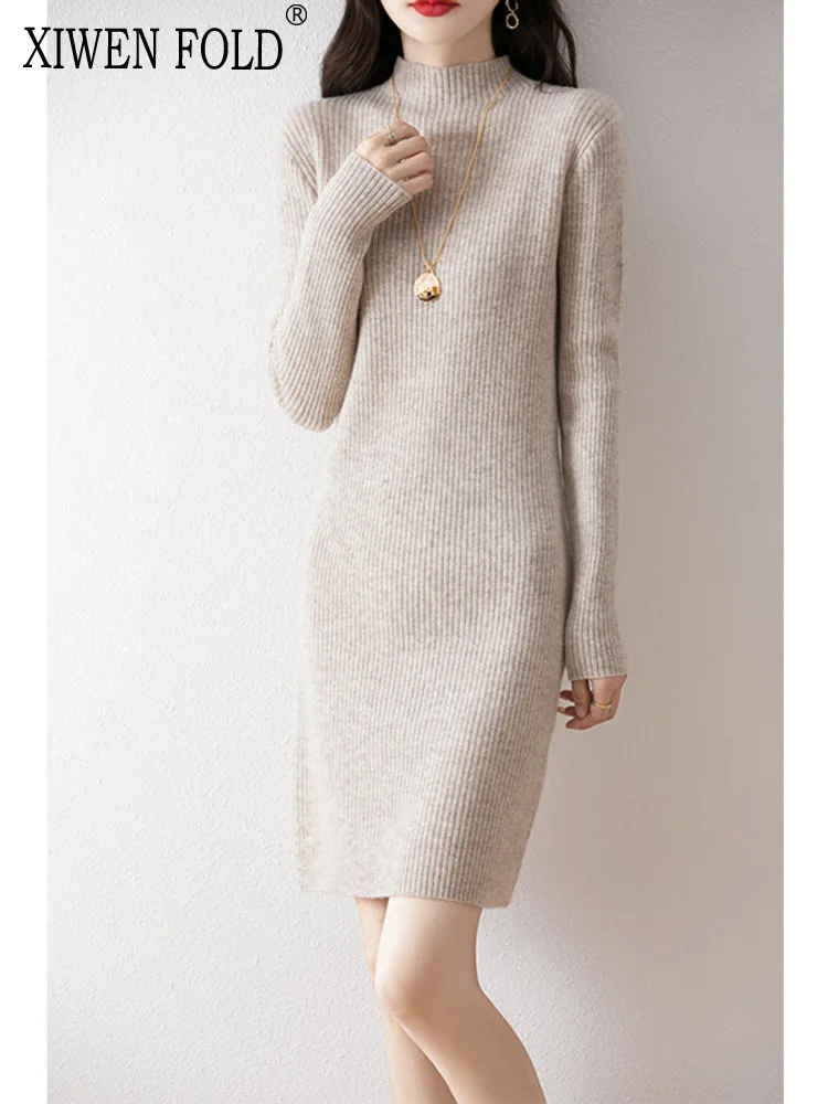 

XIWEN Half High Collar Woolen Knitted Solid Color High Waist Casual Elegant Women's Dress 2024 Autumn Winter New XF3135