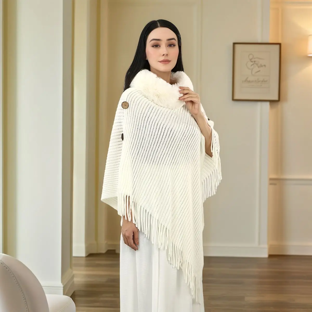 Selendang Rajut Musim Dingin Baru, Selendang Cape Fashion Wanita Hitam Putih, Ponco Tebal, Syal Mewah, Jubah Wanita, Cape Stole