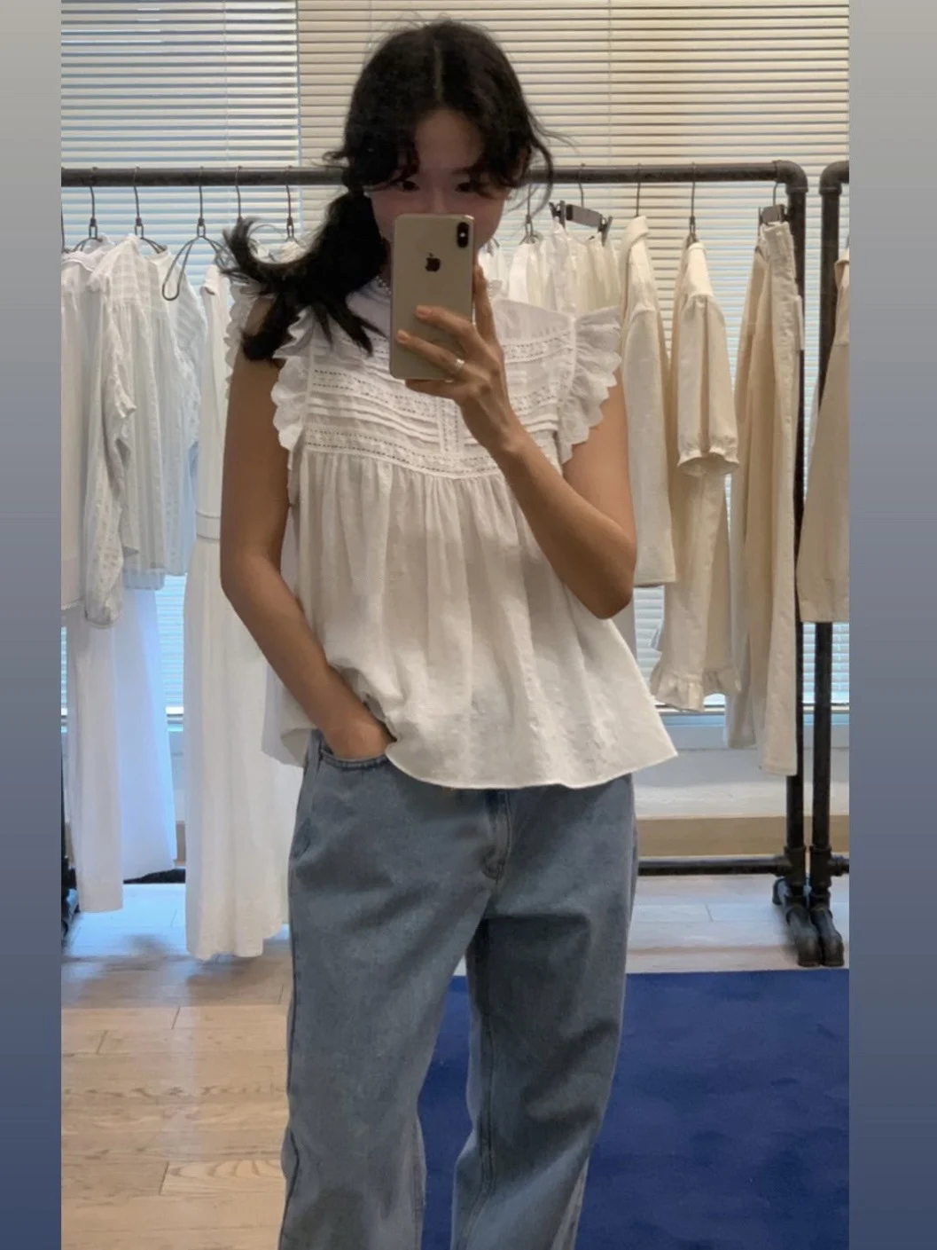 

Spring Summer New Texture Embroidery Hollow out Lace Trim Top Cotton 00% ort Sve Stand Collar Color Commute Sle