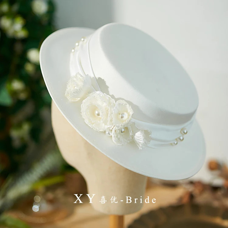 French Luxury Design White Wedding Hat Flower bud Pearls Satin Fedoras Women Elegant  Party Photo Shooting Fascinators Headwear