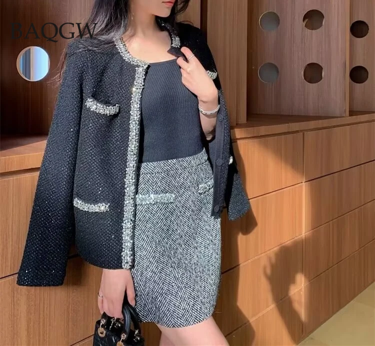 2025年春新作 長袖 丸首 クラシック ブラック ニット レディース カーディガン セーター コート ダイヤモンドとスパンコール付き