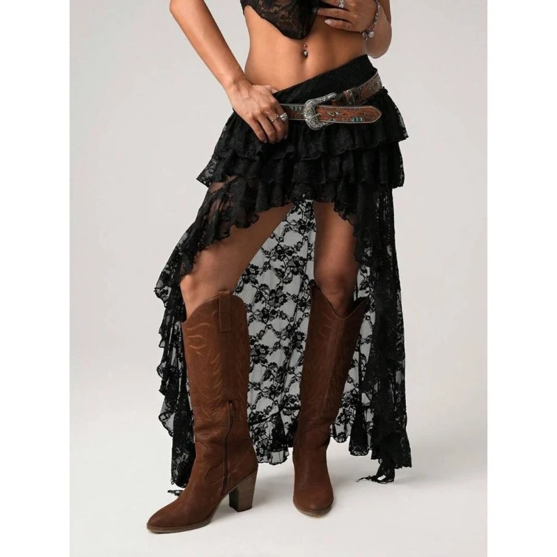 Deeptown Y2k Asymmetrical Skirt Women Boho Lace Tulle Vintage Black Skirt Korean Style See Through Layered Skirts Streetwear