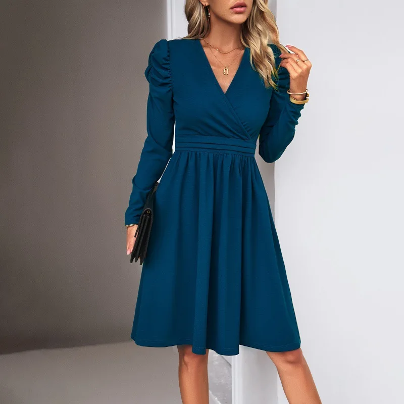 Women's Fashion Solid Color Folded Dresss 2025 Autumn/Winter Elegant V-neck Long Sleeve Slimming Dresss Vestido Feminino