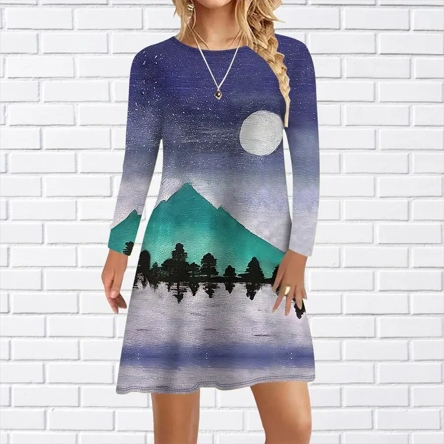 2023 Nieuwe Herfst Damesjurken Bloemenprint Losse Casual Jurken Vrouwelijke Lange Mouw O-hals Elegante Jurk Mode Streetwear