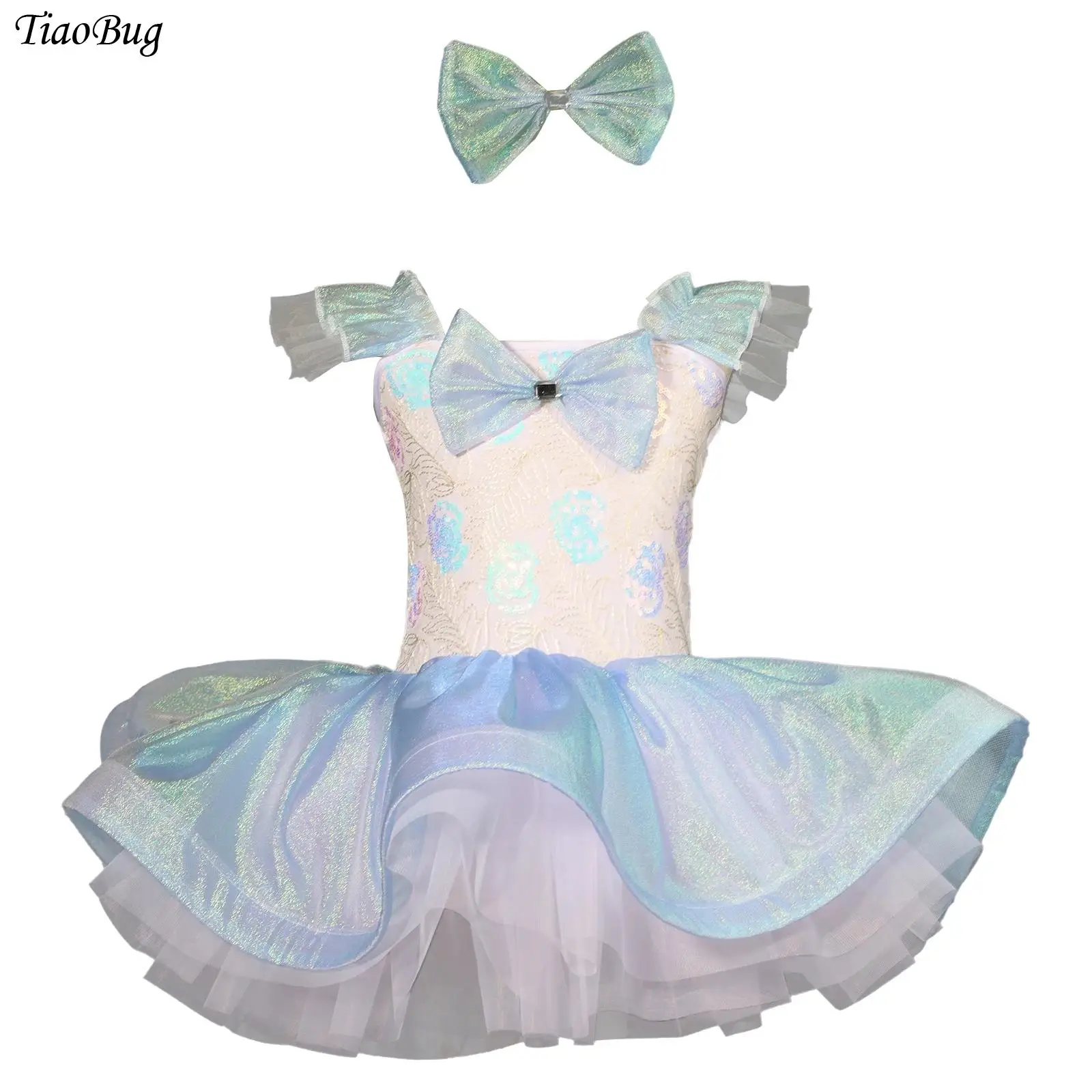 

Kids Girls Shiny Ballet Tutu Dress Ruffle Sleeve Leotard with Bow for Dance Class Gymnastics Recital Party Princess Costume