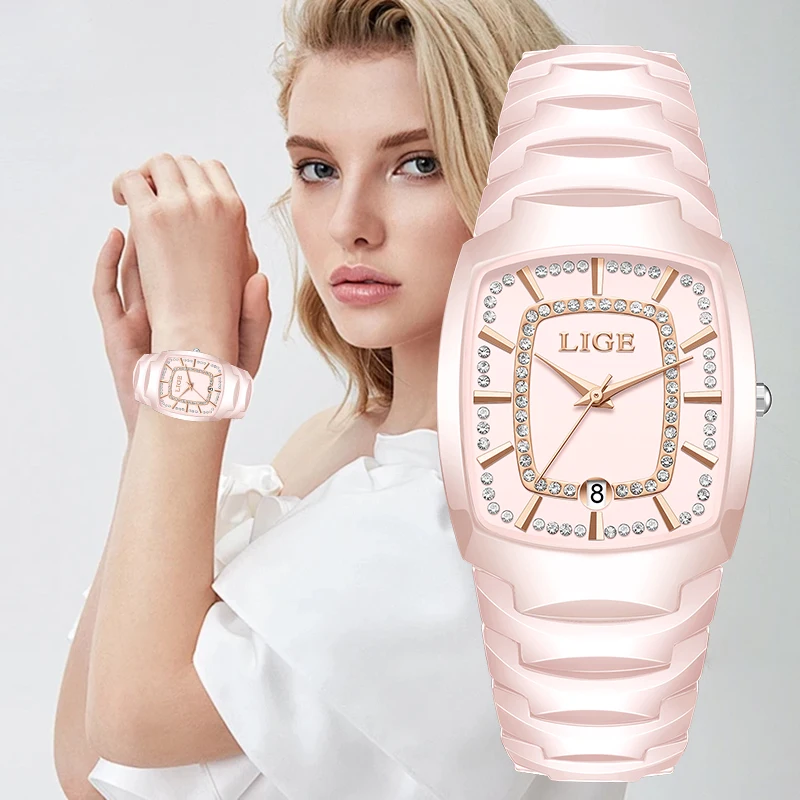 

LIGE керамический ремешок, роскошные кварцевые часы для женщин, элегантные модные простые повседневные водонепроницаемые наручные часы с автоматической датой для женщин, подарки