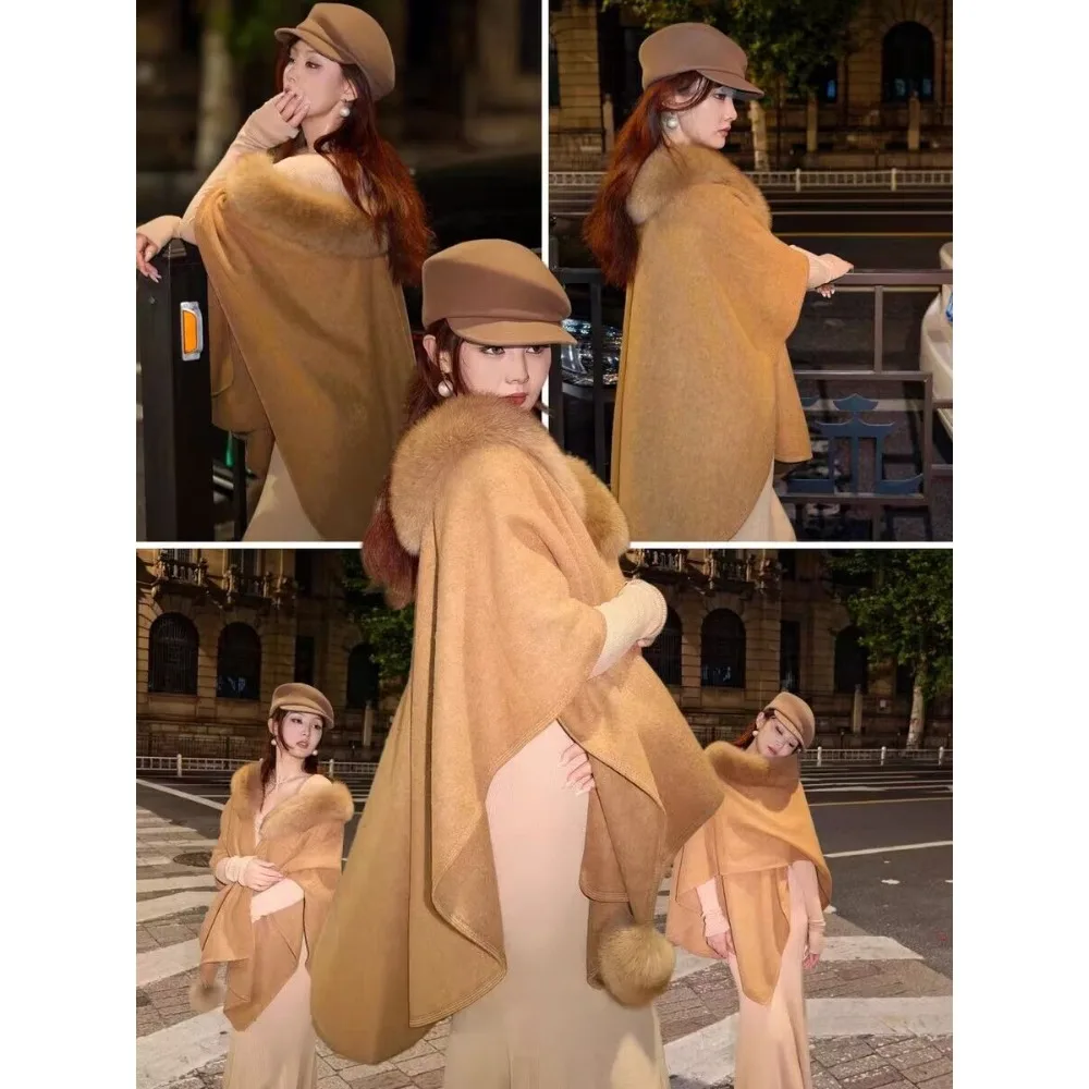 

New fur collar cape shawl women's autumn and winter high-end fashion and thin loose cardigan woolen lake-up fur coat comfortable