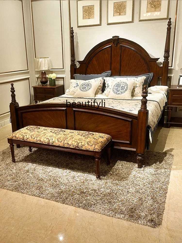 Q181  American Retro Victoria Solid Wood Double Bed Roman Column 1.8 M Double Classical Villa Furniture
