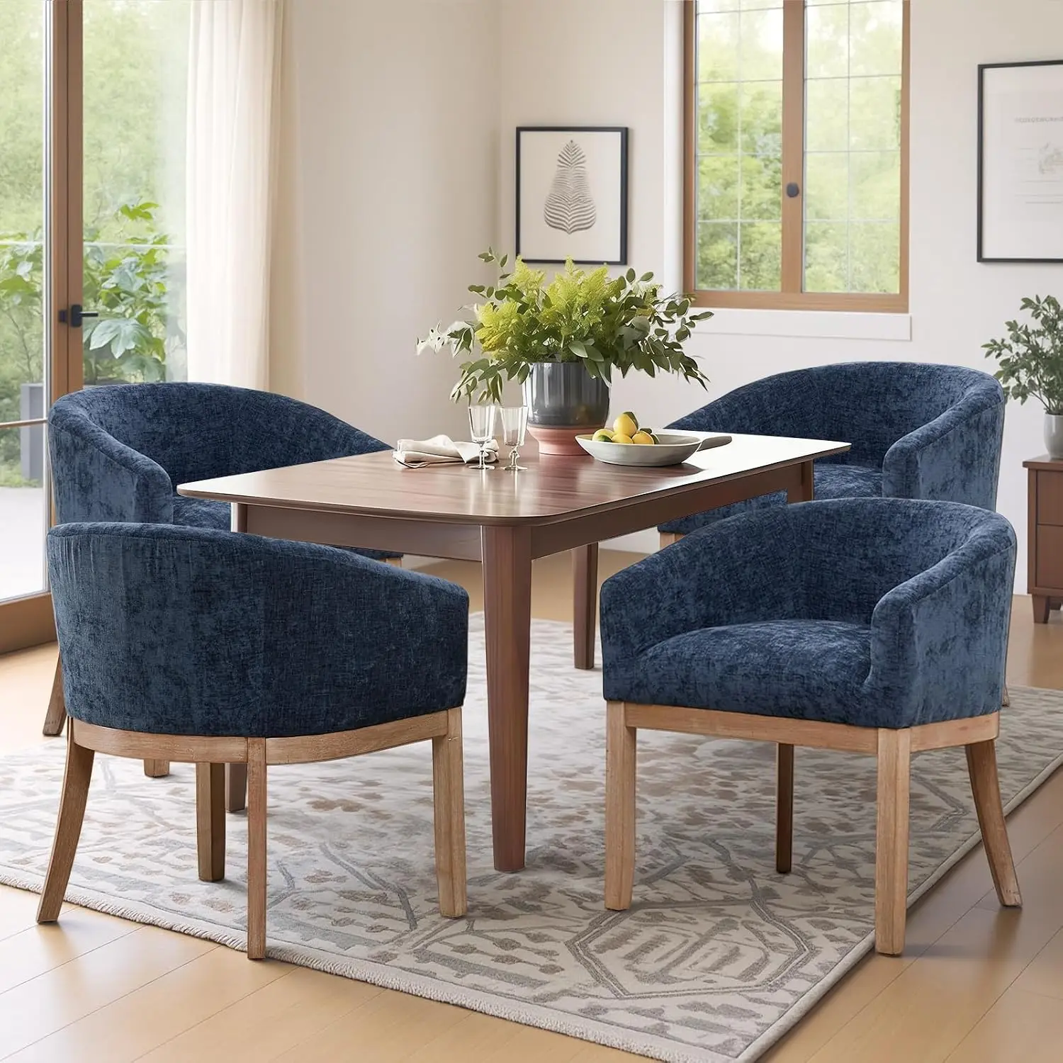 Barrel Dining Chair Set of 4, Natural Hardwood Frame, Linen Upholstered, Kitchen Dining Room, Blue, Customized