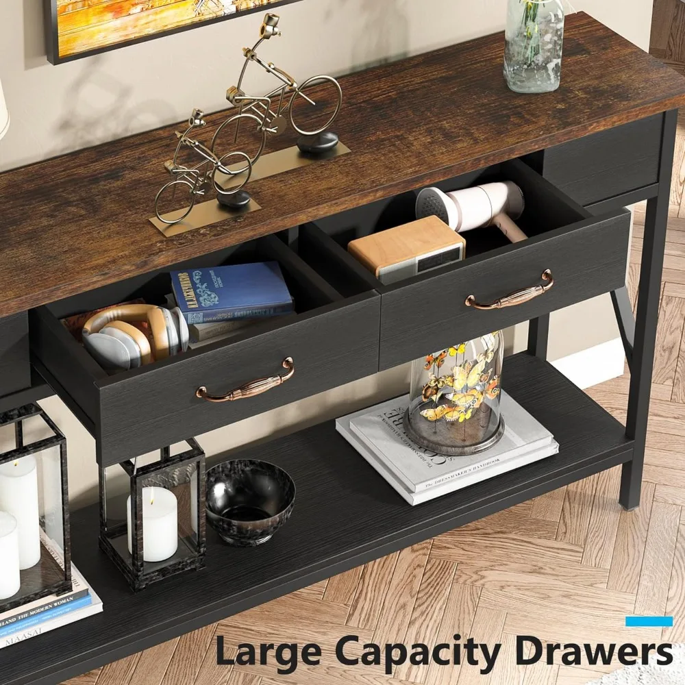 70.9 inch Console Table with 2 Drawers, Long Sofa Tables with Large WoodTabletop Heavy Duty Metal Frame for Entryway