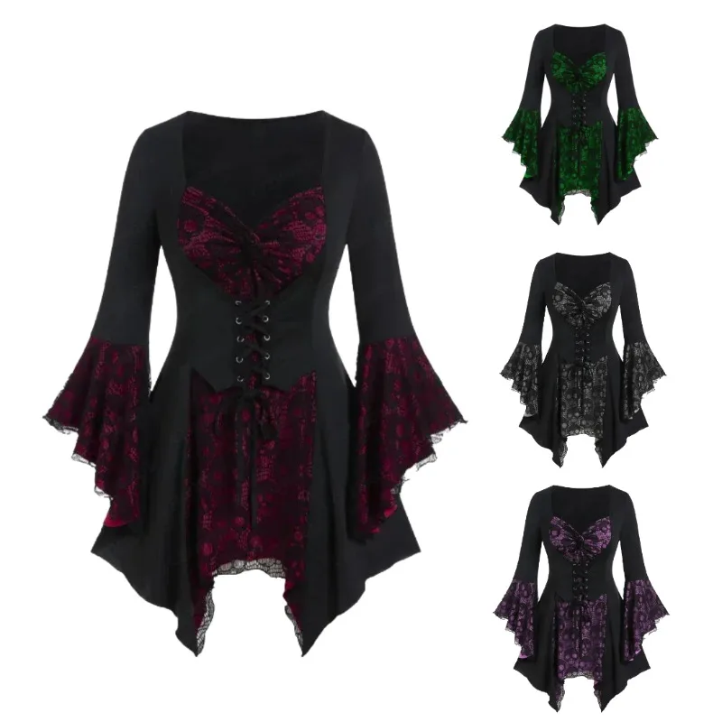 

Women Halloween Gothic Skull Print Top Lace-Up Ruffled Bell Sleeves Medieval Renaissance Cosplay Costume Carnival Party Dress