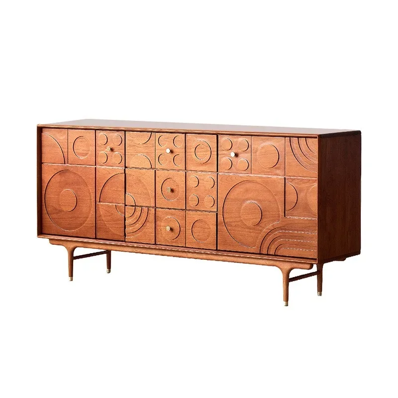 Nordic retro solid wood carving flower double door chest cabinet three smoking side cabinet medieval bedroom storage storage