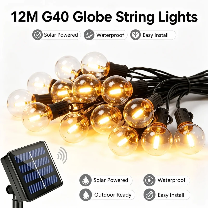 20 LED Globe String Lights Solar, Waterproof Outdoor, for Garden Patio Party Wedding Holiday Home Backyard Lawn Room Decor