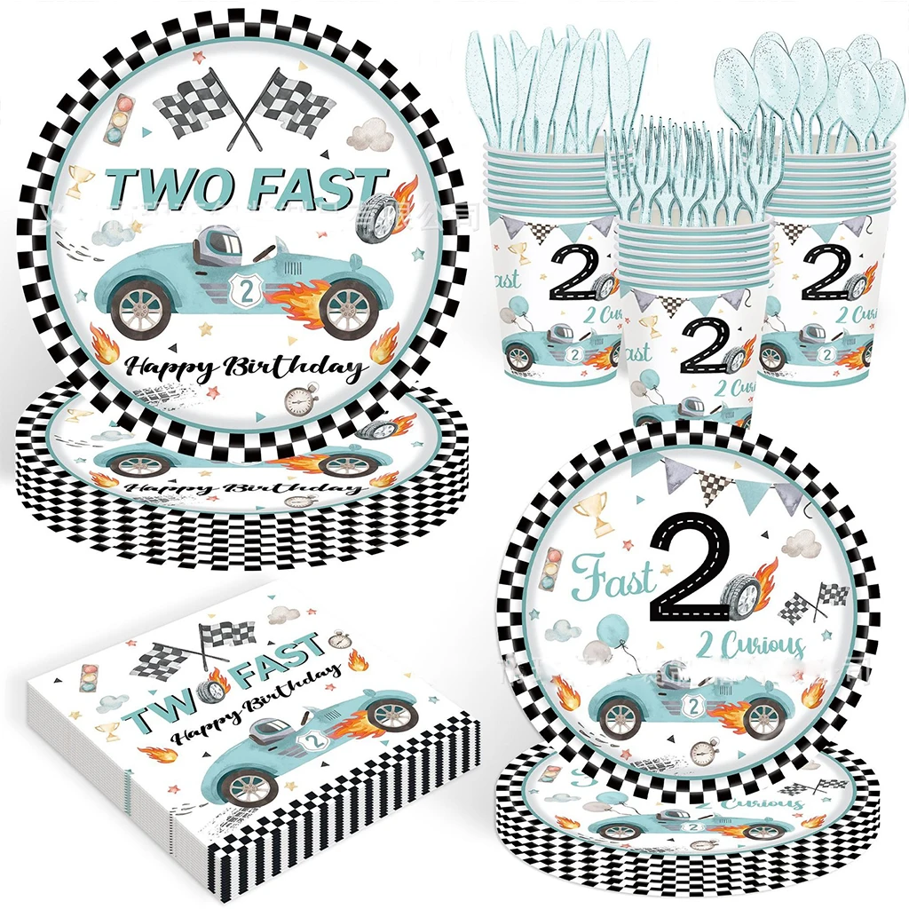 10Guests Blue Racing Car Disposable Tableware Two Fast Racing Wining Flag Plates Cups Boys Happy Racing Birthday Party Decor