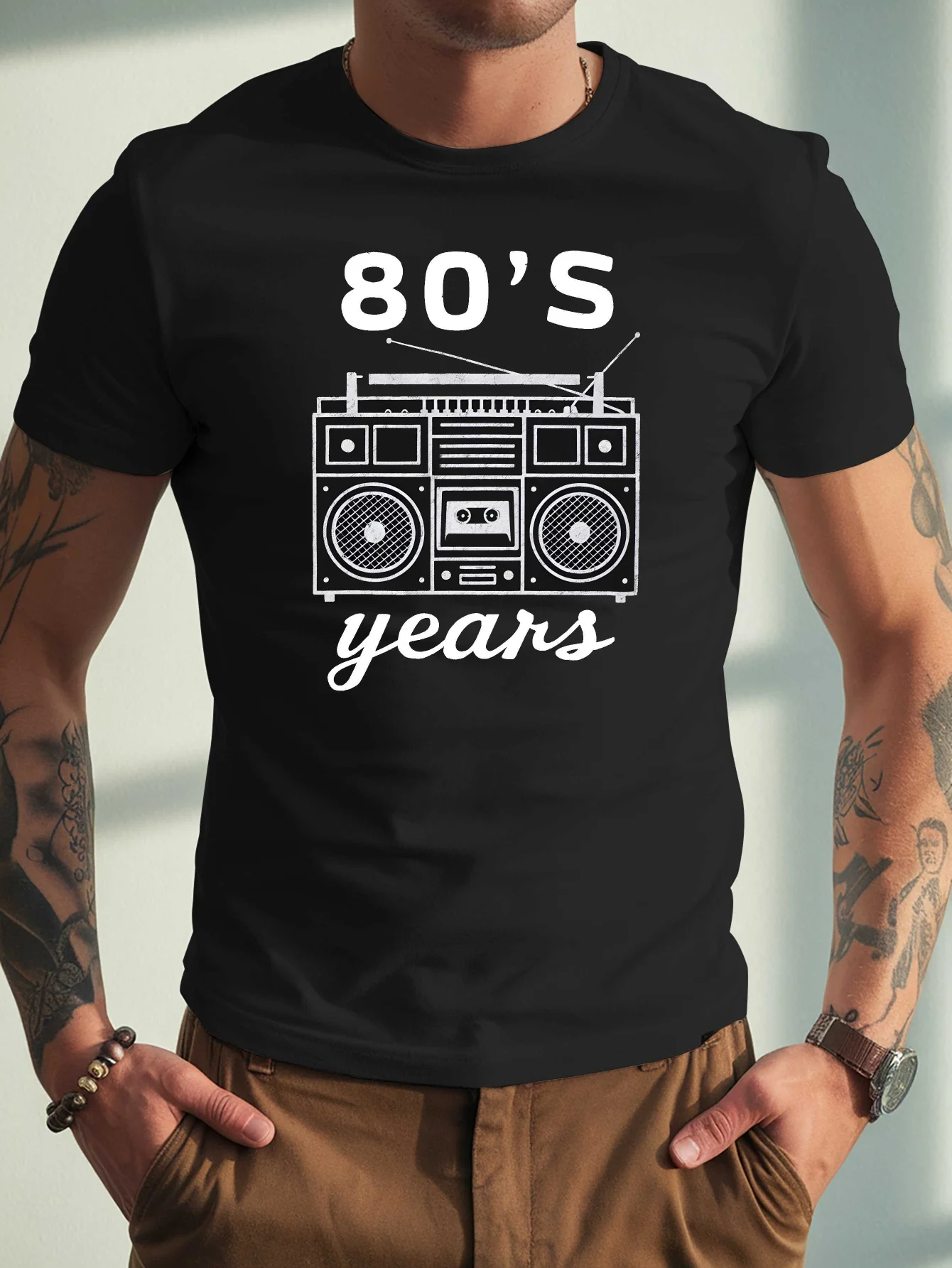 Vintage 80S Boombox Graphic Mens Crew Neck Cotton T Shirt Retro Cassette Radio Print Short Sleeve Casual Street Fashion Top