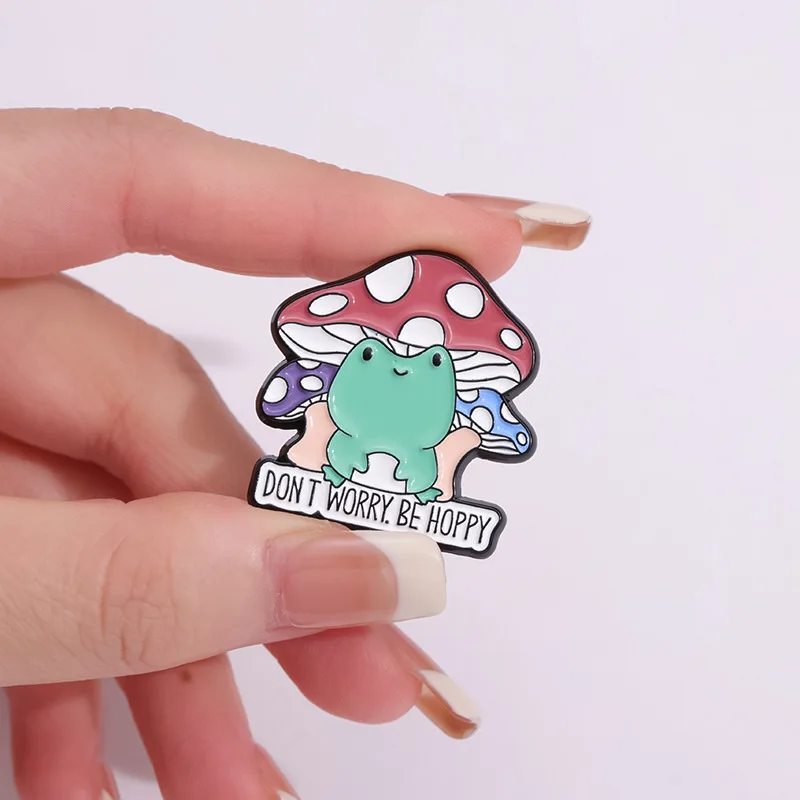 Cute Mushroom Enamel Brooch Don't worry Be Hoppy Bone Girl Cowboy Guitar Crystal Stone Frog Mushroom Badge Punk Pin Jewelry Gift