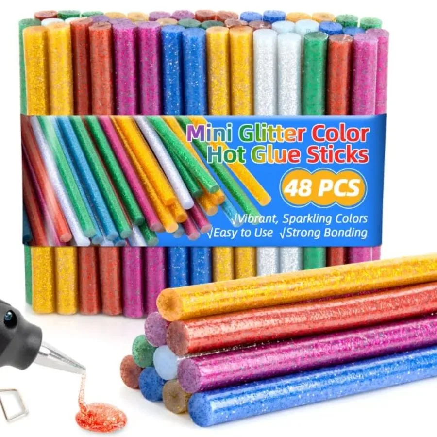 Mini Glitter Color Hot Glue Sticks - 48 Pack Hot Melt Gluing Sticks Colored for Hot Glue Gun, Mini Size Melt Hot Glue Sticks, M