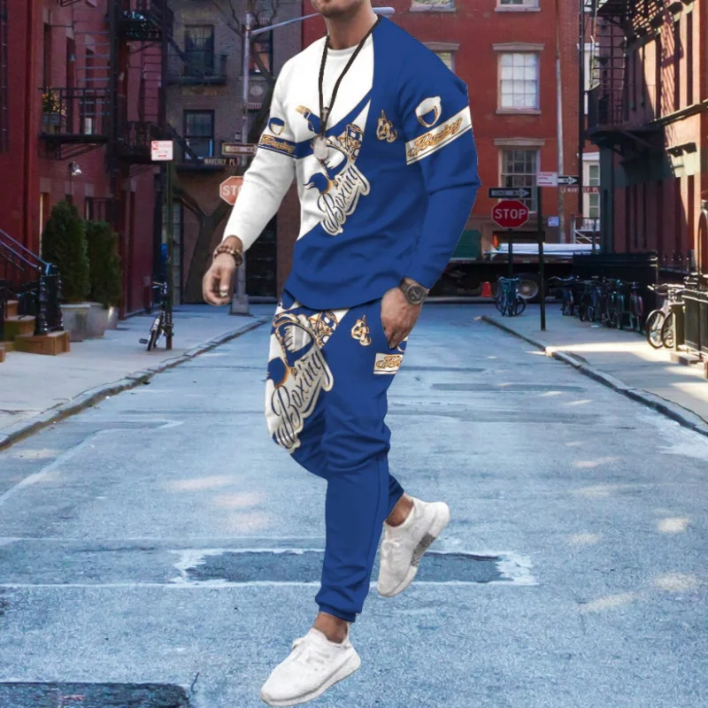 

2025 Новый популярный мужской комплект брюк с длинными рукавами и принтом, дышащий и быстросохнущий, удобный повседневный элитный мужской костюм