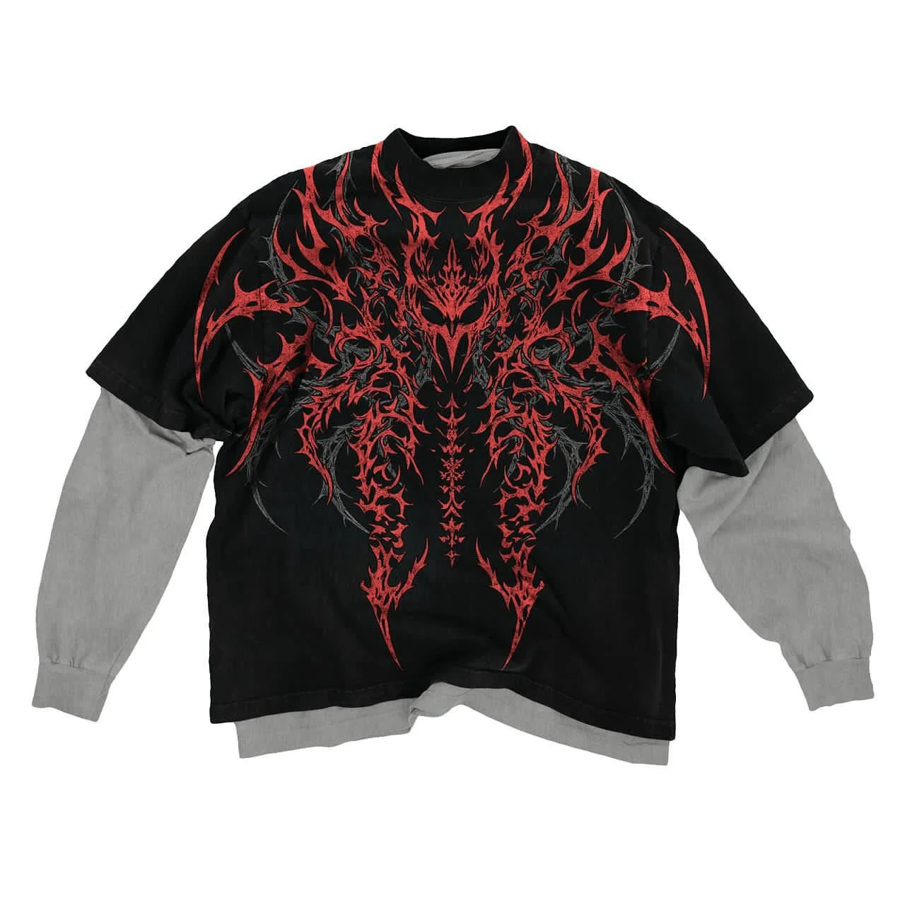 Y2K Red Skull Dark Fake Two-piece T-shirt Mens American Hip Hop Loose Trend Long Sleeve Harajuku Gothic Couple Tops