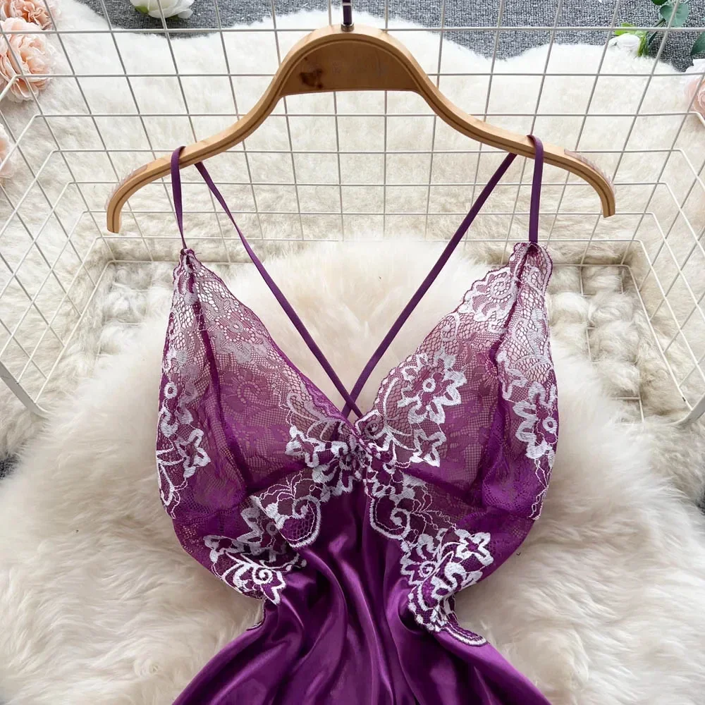 فستان سهرة نسائي مثير بدون أكمام بدون ظهر بيجامات إباحية مزهّرة دانتيل ملابس نوم مثيرة + ثونج من الساتان فساتين شفافة قصيرة