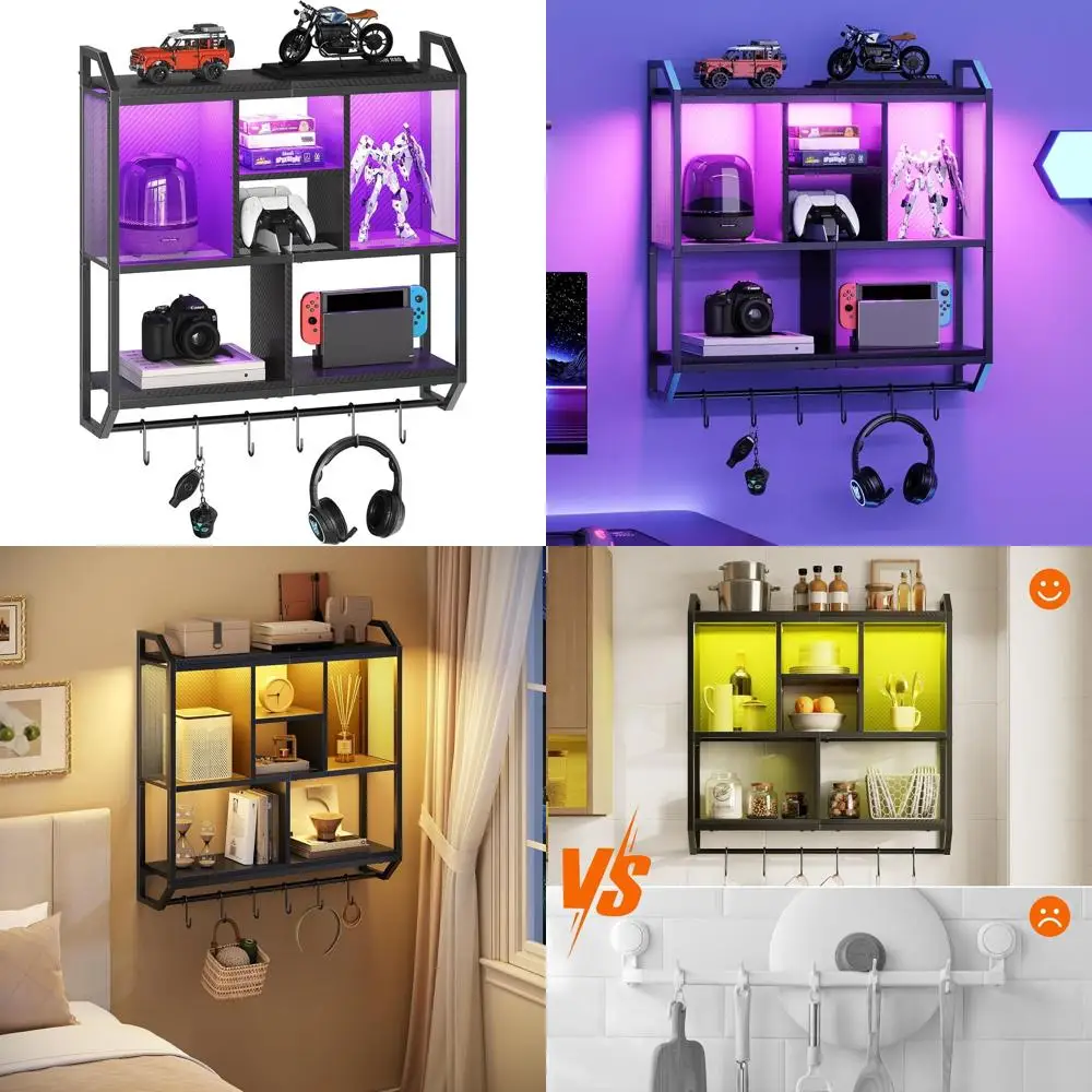 

3-уровневая игровая настенная полка со светодиодной подсветкой, черная стойка для выставки товаров 28,7 с подвесным стержнем и 6 крючками