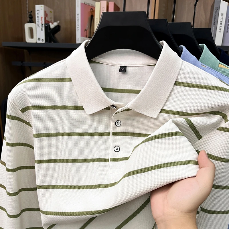 High-end Comfortable Cotton Long sleeve Polo shirt Men's Autumn Luxury New Classic Striped Color Blocked Business Casual T-shirt