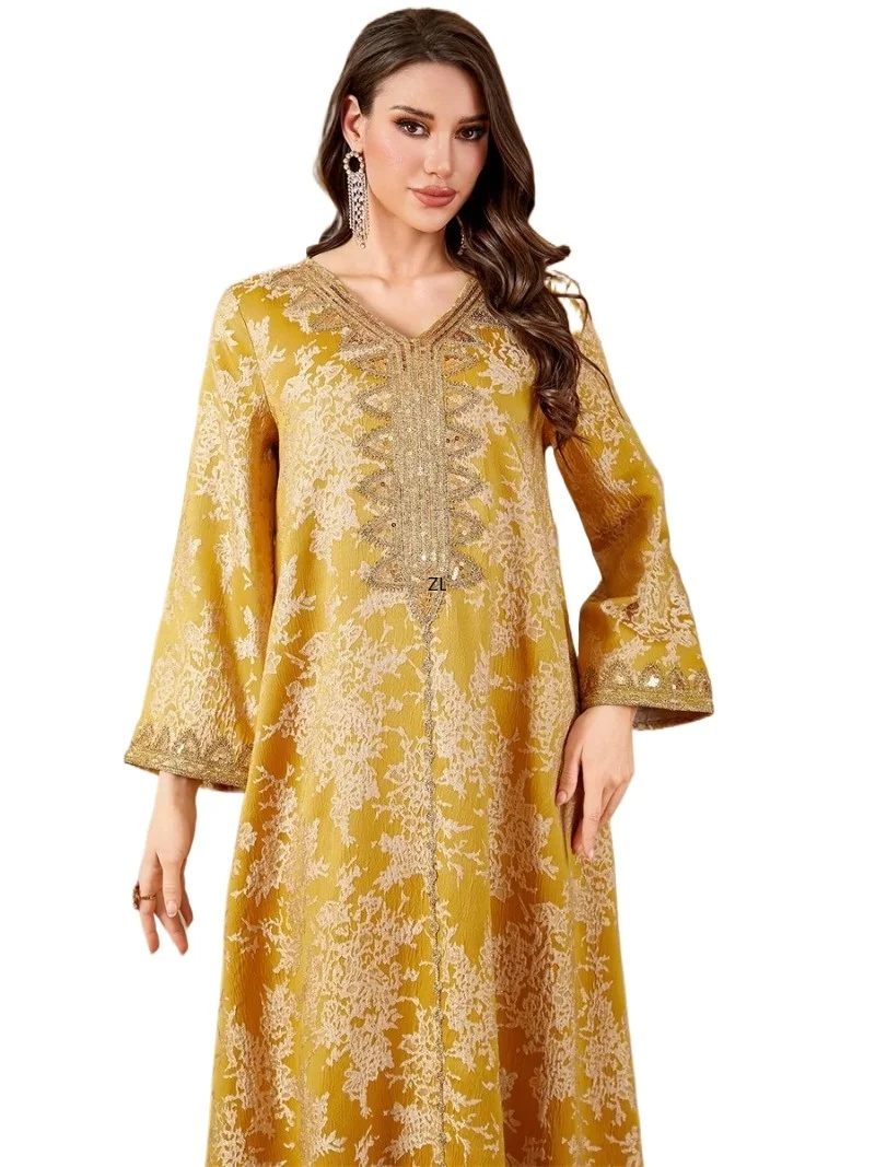 

Jacquard V-Neck Maxi Abaya Dubai Sequins Luxury Woman Evening Dress