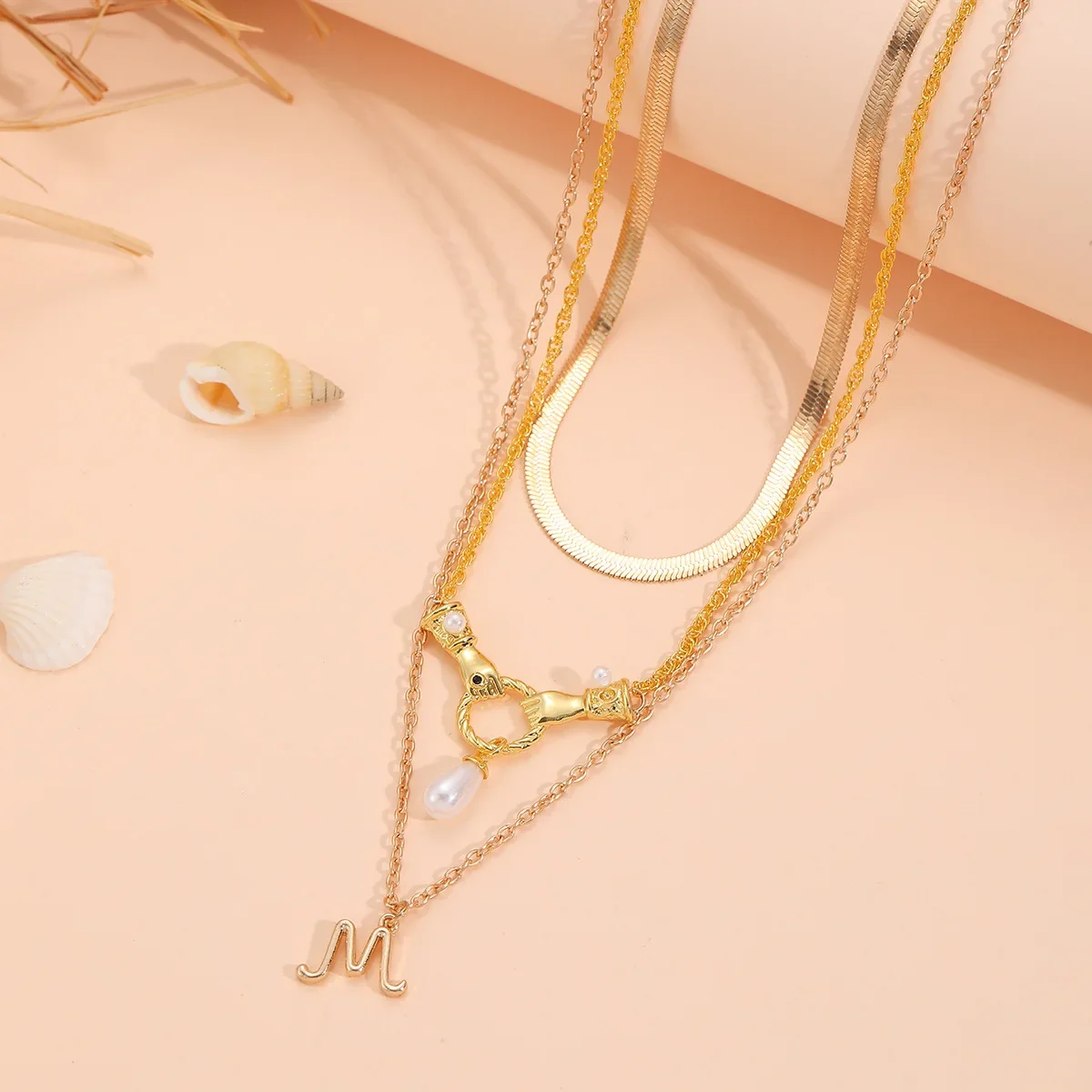 Gold Color Three Layer Metal High Quality Necklace with Pearl and Letter for Women