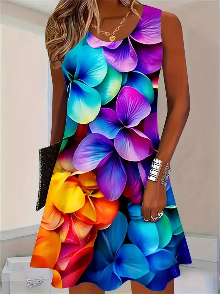 

Spring Summer Women Dress Sexy Sleeveless Floral Print Loose A-Line Dress Casual Beach Dress