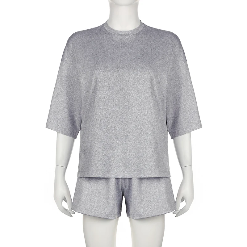 Cuteandpsycho Loose Grey Two Pieces of Sets for Women Short Sleeves Shirts and Casual Shorts Outfits All-match 90s Basic Clothes