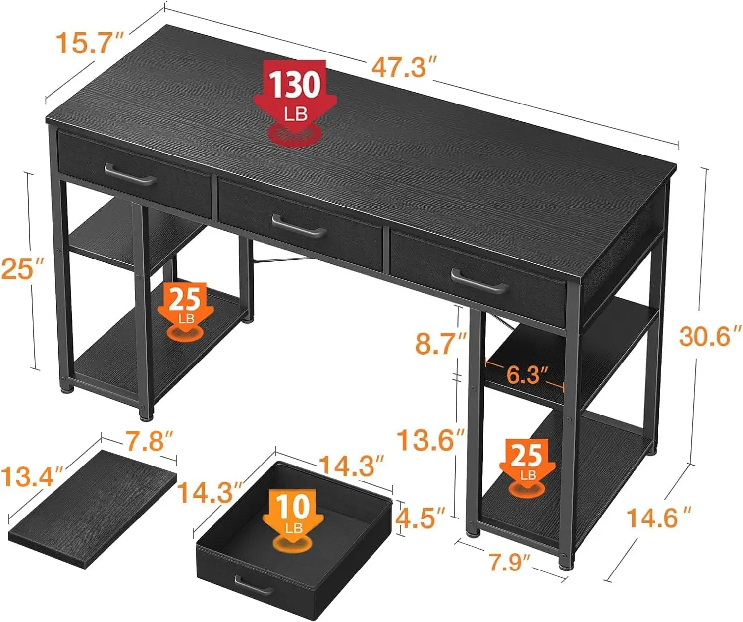 Escritorio pequeño de oficina para ordenador, mesa de casa con cajones de tela y estantes de almacenamiento, escritorio de escritura moderno, negro, 48 "x 16"