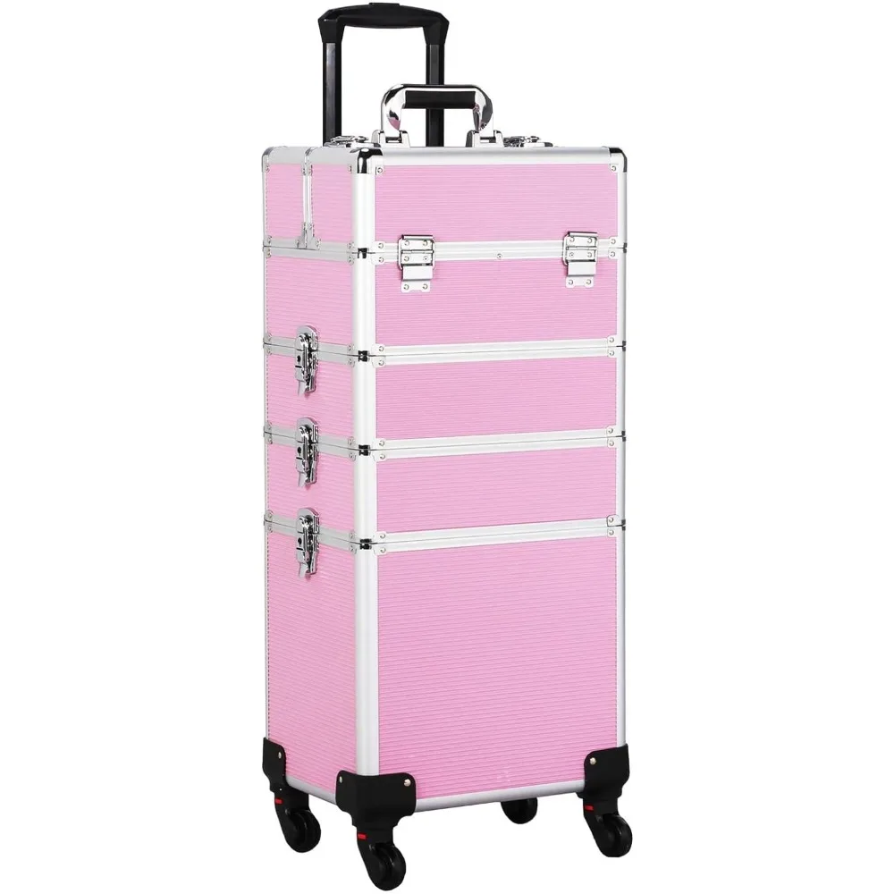 

Professional Makeup Train Case 4-in-1 Rolling Trolley, Makeup Case Organizer Travel Case with 4 Detachable Wheels