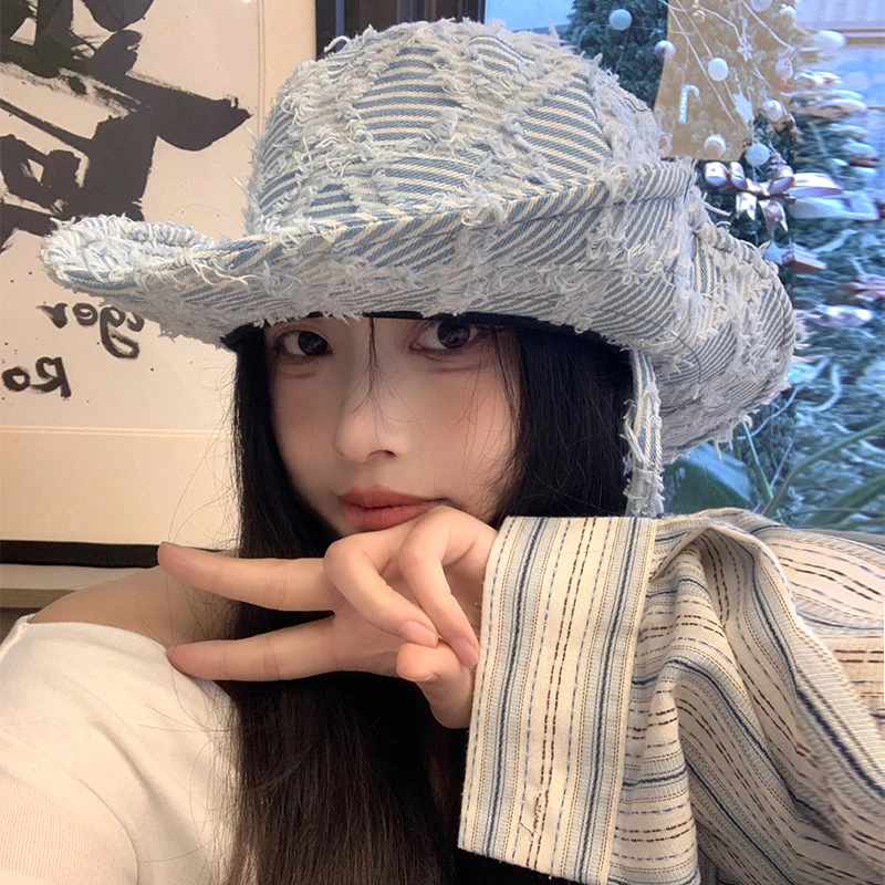Retro Denim Rough Edge Bucket Hats for Women Summer Outdoor Camping Sun Protection Versatile Casual Big Brim Men's Caps