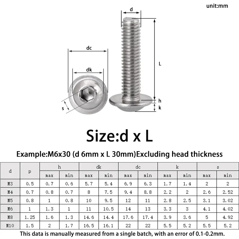 2-100pcs Hex Hexagon Socket Round Button Head with Washer Collar Bolt Screw M3 M4 M5 M6 M8 M10 ISO7380.2 304 A2 Stainless Steel