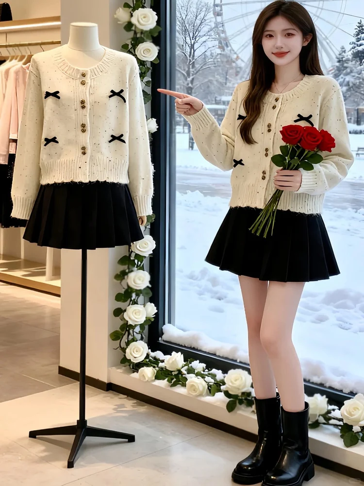 

Осенне-зимний женский комплект из двух предметов: вязаный топ и плиссированная юбка в корейском стиле, нежный, милый, антивозрастной, маленький размер