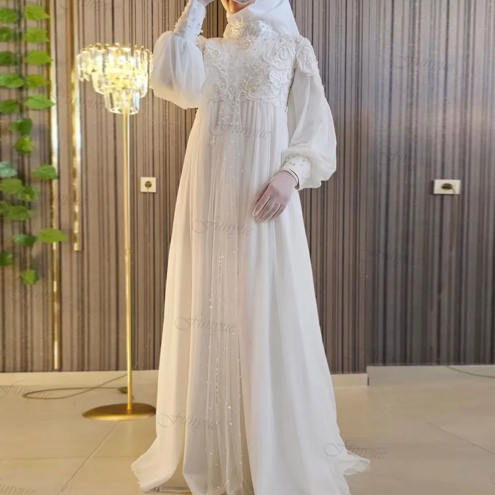 

Muslim Bespoke Hijab Wedding Dress 2023 Bride Long Sleeve France Lace Pearls Beading Robe De Mariée Dubai Bridal Gowns