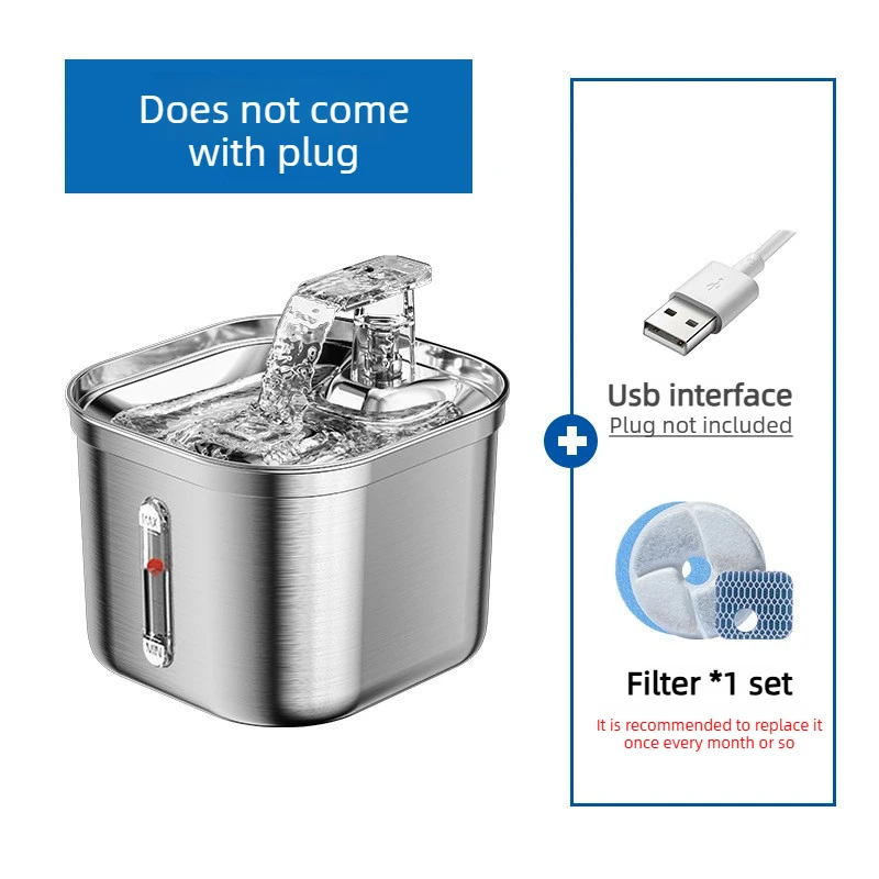 2.2L Pet Fountain Visible Level Constant Flow Easy Clean Ultra Quiet Stainless Steel Material Automatic Dispenser for Small Cats
