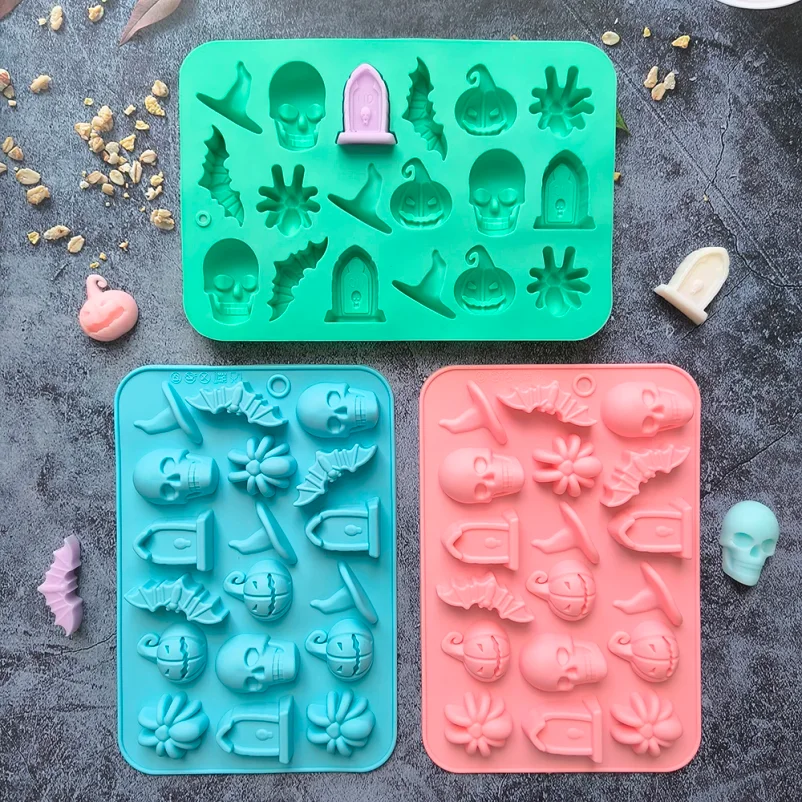 1/3pcs 18 Cavities Halloween Silicone Molds Ghost Pumpkin Bat Skull Witch Hat For DIY Halloween Chocolate Candy Baking Mold