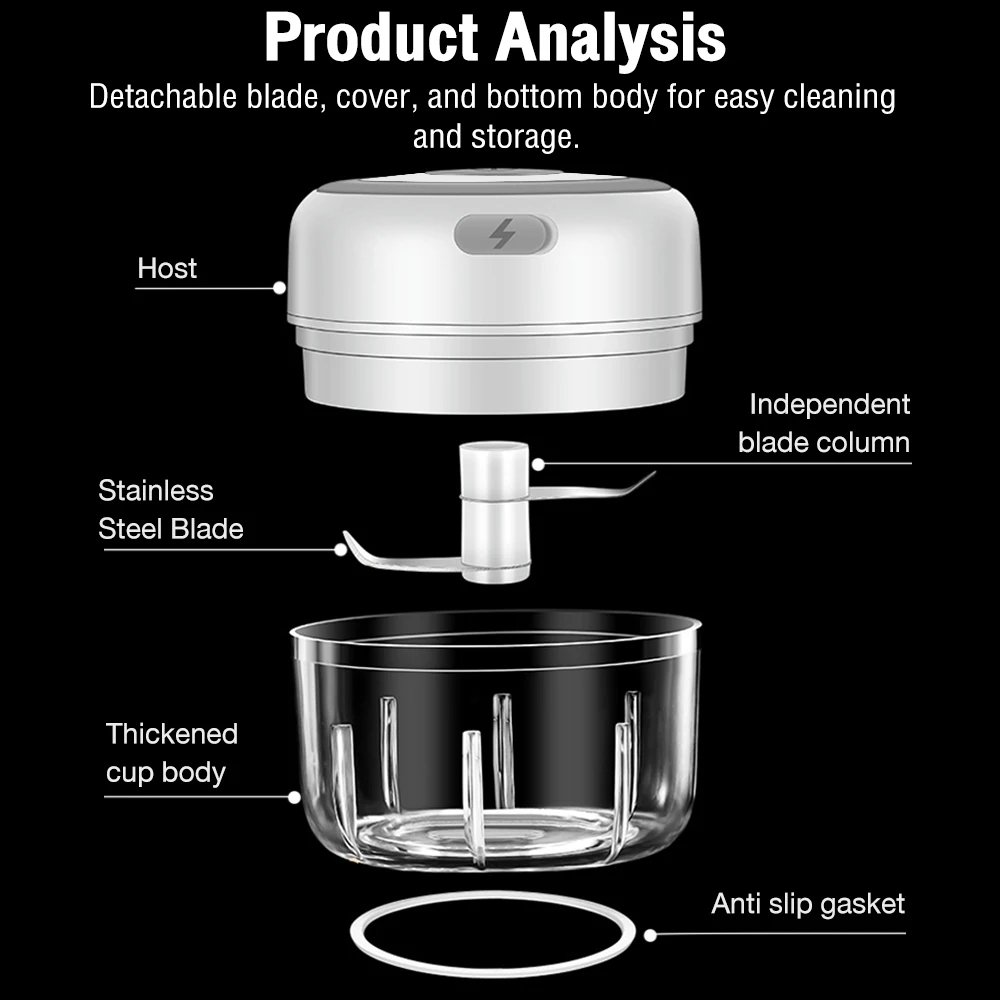 3-Blade 100/250ML Electric Garlic Chopper Portable Cordless Fruit Vegetable Meat Blender Rechargeable Food Processor Kitchen Too