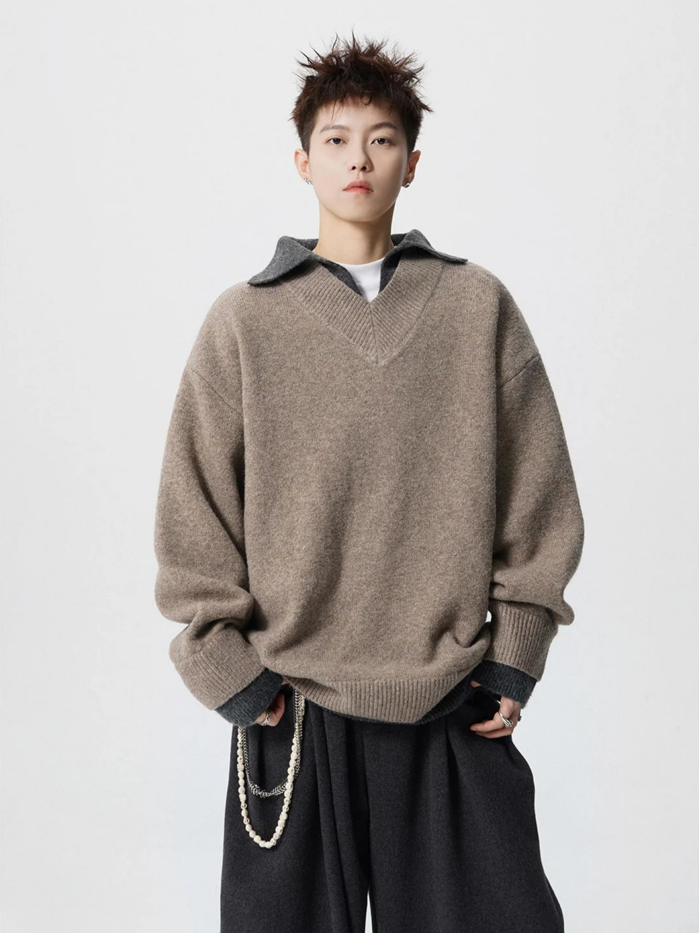 Casual Loose Knitted Sweater Jaet Men's irt Collar Fake Two-Piece Sle Autumn New Leisure Loose Fit Comfortable Top