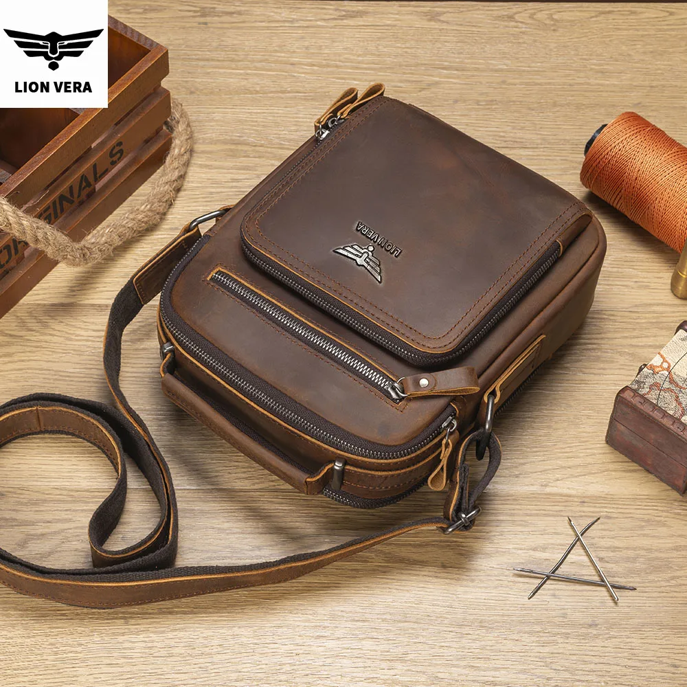 LION VERA Men's Shoulder Bag Crazy Horse Leather Multi layer Large Capacity Crossbody Bag Business Handbag Leisure Messenger Bag view 4