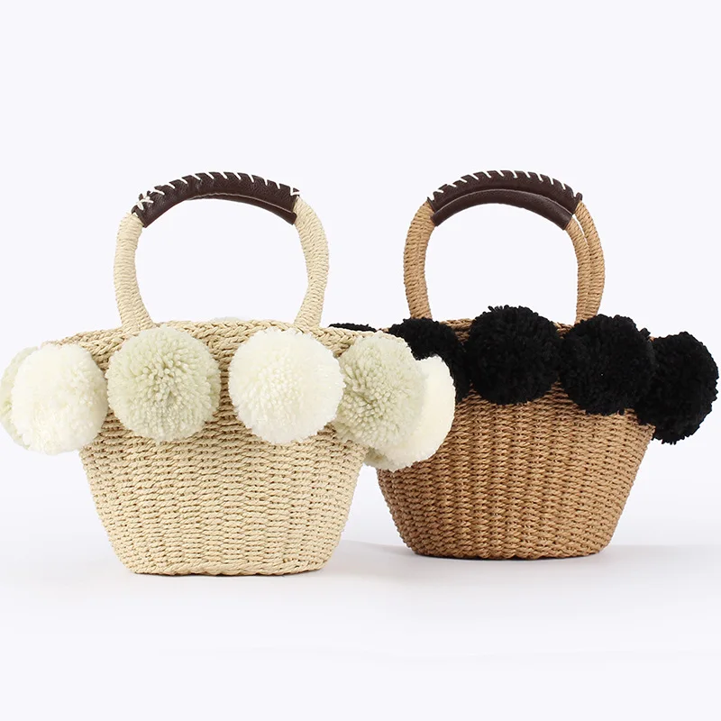 

Casual Hair Ball Straw Woven Bucket Bags Women Fashion Top-handle Bag Hit Color Big Hair Ball Handbag Handmade Ladies Beach Bag