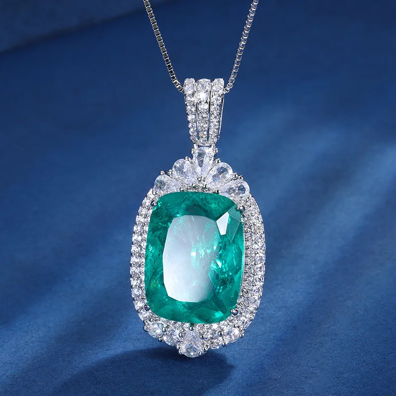 Jewelry Gold Plated Imitation Grandmother Green Blue Treasure Fat Rectangular 15*20 Luxurious Style Pendant Necklace