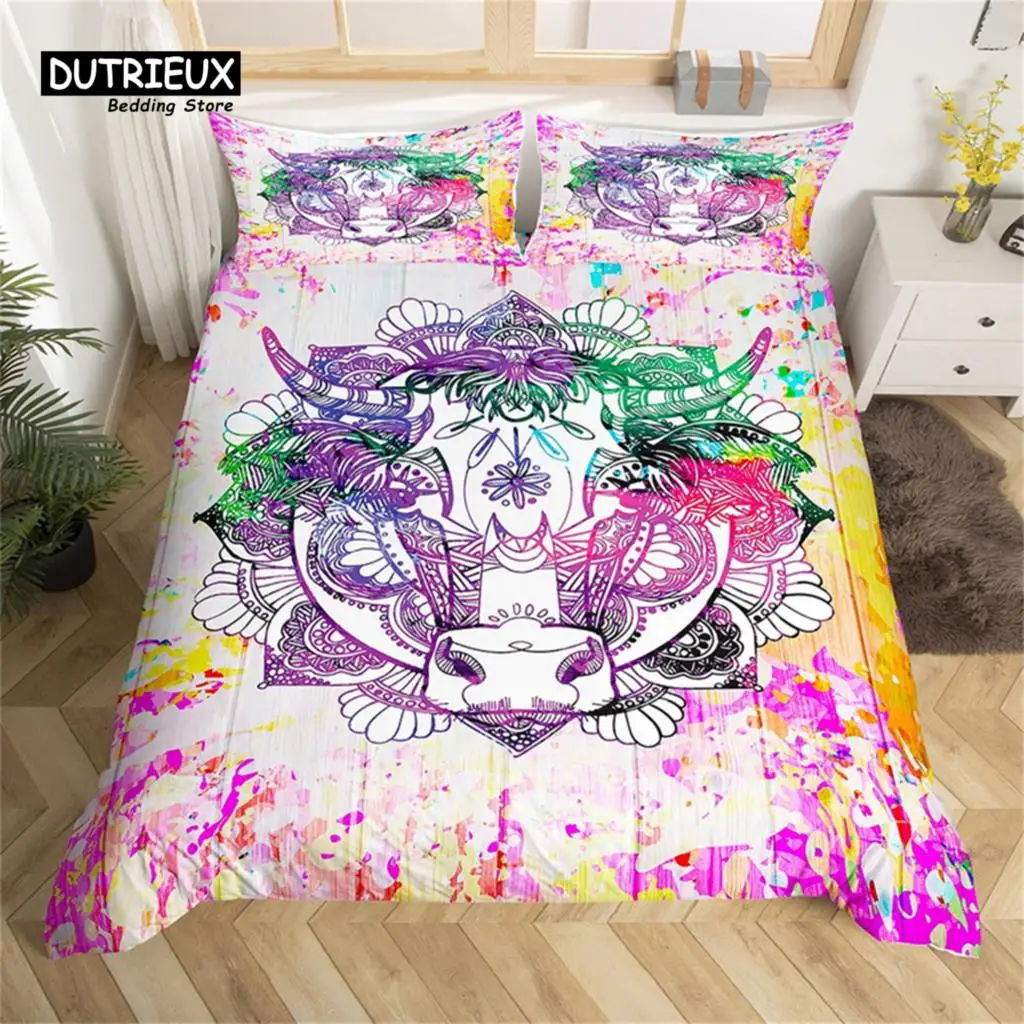 

Farm Animal Duvet Cover Set Single King Queen Bohemian Mandala Bedding Set Microfiber Deer Bull Head Cow Skull Comforter Cover