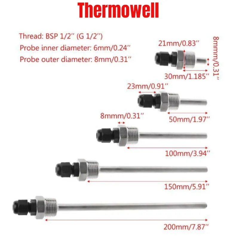 

304 Stainless Steel Thermowell 30-200mm Length with G1/2 BSP Thread for Temperature probe Sensor and Heater Systems